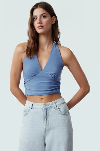 Ersefa Vücuda Oturan Boyundan Bağlamalı Crop Bluz Polyester Elastan Sand Mavi