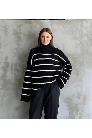 Çizgili İspanyol Kol Triko Boğazlı Kazak Siyah Elf Siyah