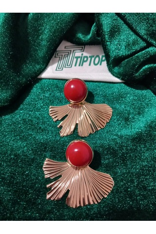 Tiptop/ Bordo Mineli Gold Yaprak Küpe Altın - Kırmızı