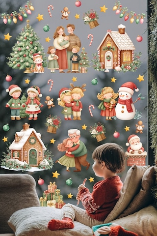 Yeni Yıl Cam Sticker Seti Büyük Boy Aile & Noel Evi Temalı 80+ Parça Çift Taraflı Pencere Süsü Dijital Baskı