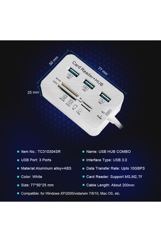 Lemestar 3 Port Usb 3.0 Hub İle Ms/m2/tf Kart Okuyucu Çok Fonksiyonlu Adaptör 7 Slot, Usb 3.1, Abs+alüminyum, Taşınabilir