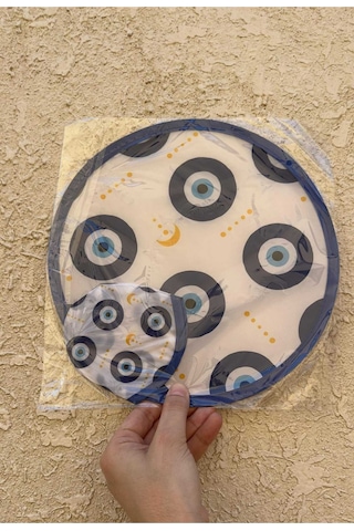 Nazarlık Desenli Katlanabilir Yuvarlak Yazlık Taşınabilir Çantalı El Yelpazesi 25cm