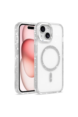 Apple iPhone Uyumlu 15 Kılıf Premium Magsafe Şarj Özellikli Şeffaf Kenari Taşli Simli Tera Silikon Kapak Apple iPhone Uyumlu 15 Kılıf Premium Magsafe Şarj Özellikli Şeffaf Kenari Taşli Simli Tera Silikon Kapak