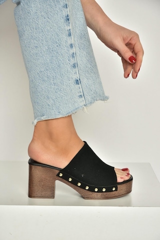 Fox Shoes Y996594002 Siyah Süet Kalın Topuklu Kadın Terlik Siyah