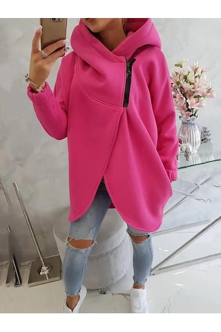 Pembe Kadın 3 İplik Şardonlu Kapüşonlu Ceket Asimetrik Fermuarlı Oversize Pembe
