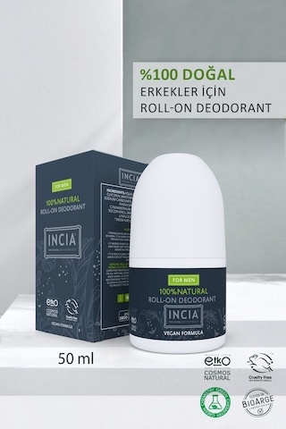 INCIA %100 Doğal Roll On Deodorant Erkekler İçin Ter Kokusu Önleyici Leke Yapmayan 50 ML
