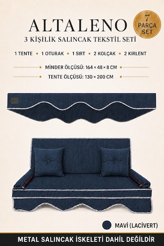 Zishtekstil Altaleno Mavi 3 Kişilik 164 48 Cm Süngerli Bahçe Balkon Salıncak Minderi Yıkanabilir Kılıflı, Tenteli Keten Kumaş Tekstil Seti 24 Dns 8 Cm Orta Sert Sünger