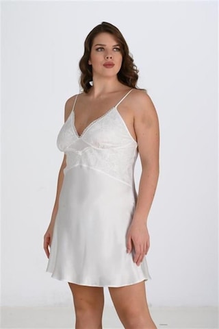 Modenya Premium Büyük Beden Saten Dantel İşlemeli Ekru 2'li Gecelik Sabahlık Takımı Bigsize 3xl