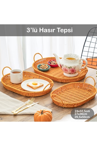 Porsima 708-a Oval 3'lü Hasır Tepsi Dekoratif Servis Sunum Tepsi