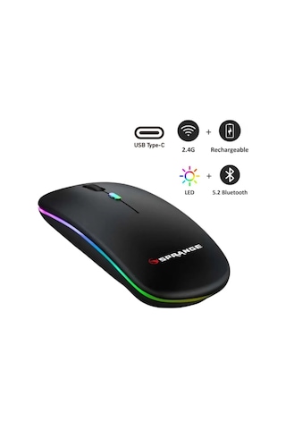 Sr M1 Şarjlı Kablosuz Bluetooth Usb 2.4 Ghz Mouse 800/1200/1600 Dpı, Rgb Led, Type C Çok Renkli
