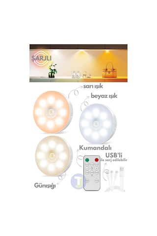 Technojet Şarj Edilebilir Kumandalı 3 Lü Spot Led Işık Lamba Hareket Sensörlü Kabin Işığı 3 Renkli