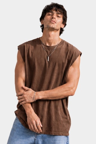 Thiff Erkek Oversize Kolsuz T-shirt Tişört Atlet Kahverengi