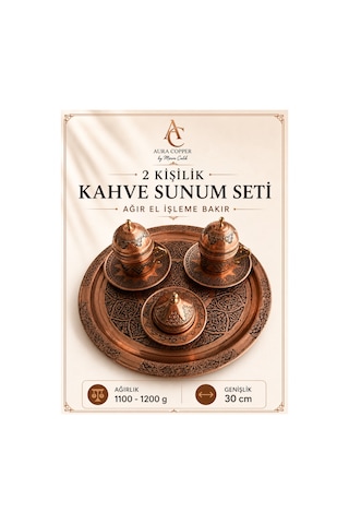 2 Kişilik Bakır Kahve Sunum Seti El İşlemeli Tepsili Türk Kahvesi Fincan Takımı - Döveme Ağır El İşleme