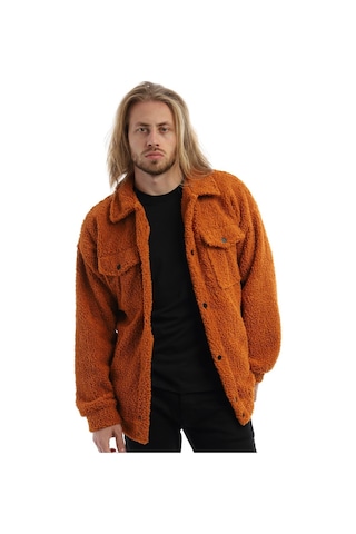 Erkek Kıvırcık Peluş Cıt Cıt Kapamalı Oversize Ceket Tarçın