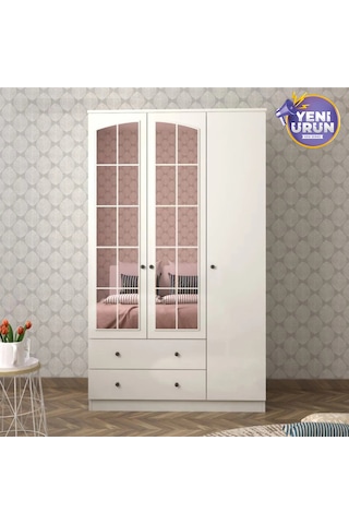 Rose 3 Kapak 2 Çekmece Aynalı Gardırop Beyaz