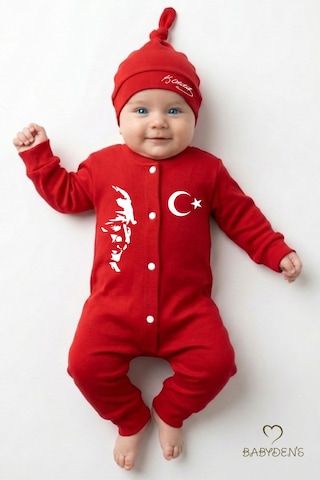 Babyden's 2 Li Bebek Tulum Seti, İlk 23 Nisan Bayramı Atatürk Baskılı Yenidoğan Bebek Tulum Şapka Set Unisex Kırmızı