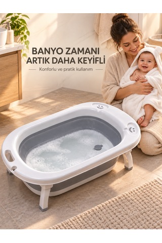 Beylini Katlanabilir Bebek Küveti Soft Silikon Destekli Banyo Akordion Duş Oyun Alanı Gri