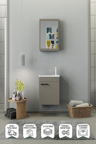 Biani Fix Loft Mini 42 Cm Banyo Dolabı,Seramik Lavabolu, Aynalı,Lavabo Dahil,Mdf,Latte