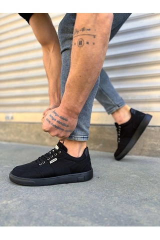 Mevese Camden Bağcıklı Keten Kumaş Erkek Günlük Sneaker Ayakkabı Siyah
