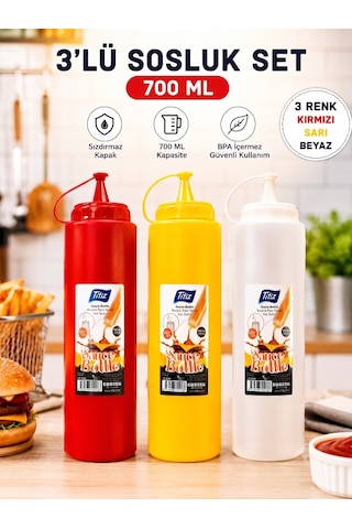 Titiz 3 Lü 700 Ml Sos Şişesi Seti Sızdırmaz Kapaklı Sarı Kırmızı Beyaz Şeffaf