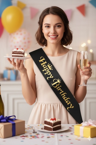Happy Birthday Kuşak Saten Siyah Üzeri Altın Baskılı Doğum Günü Kuşağı Diğer