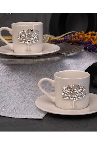 6 Kişilik 12 Parça Porselen Hayat Ağacı Gümüş Kahve Fincan Takımı