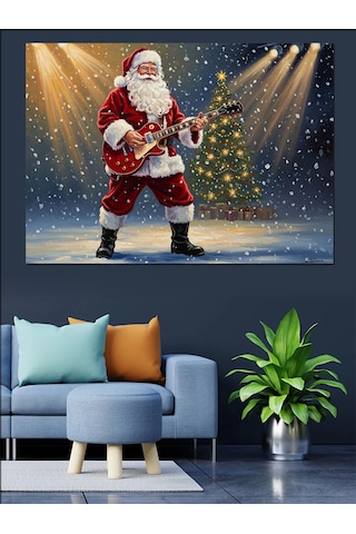 Gitar Çalan Noel Baba Figürü Dekoratif Kanvas - Mdf Ahşap Tablo