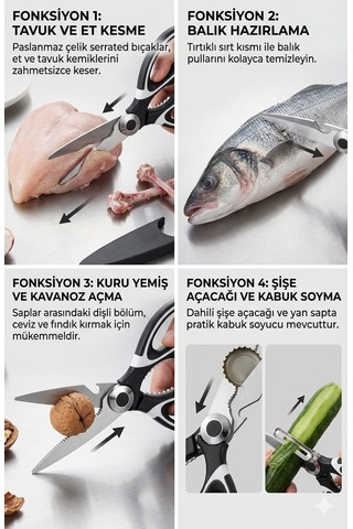 4'ü 1 Arada Çok Amaçlı Mutfak Makası, Paslanmaz Çelik, 20 Cm, Kırıcı, Açacak, Kesici, Plastik Kılıf Kapak