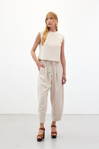 Sateen Şalvar Kesim Pantolon - Taş-136445 Taş