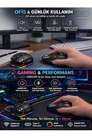 Kablosuz Oyuncu Mouse 24000 Dpı 1000hz Rgb Şarj İstasyonlu Dijital Göstergeli Gaming Mouse Siyah