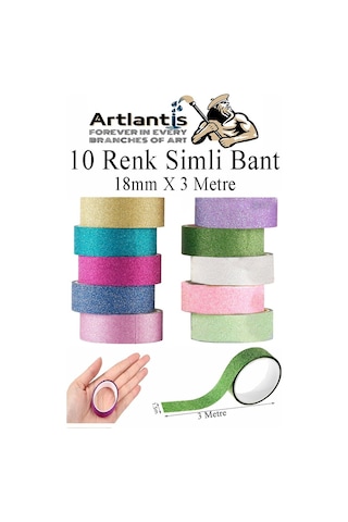 Renkli Simli Bant 10 Adet 1 Paket 10 Lu Simli Holgramlı Metalik Hobi Işıltılı Bantı Hediye Dekoratif 10 Rulo