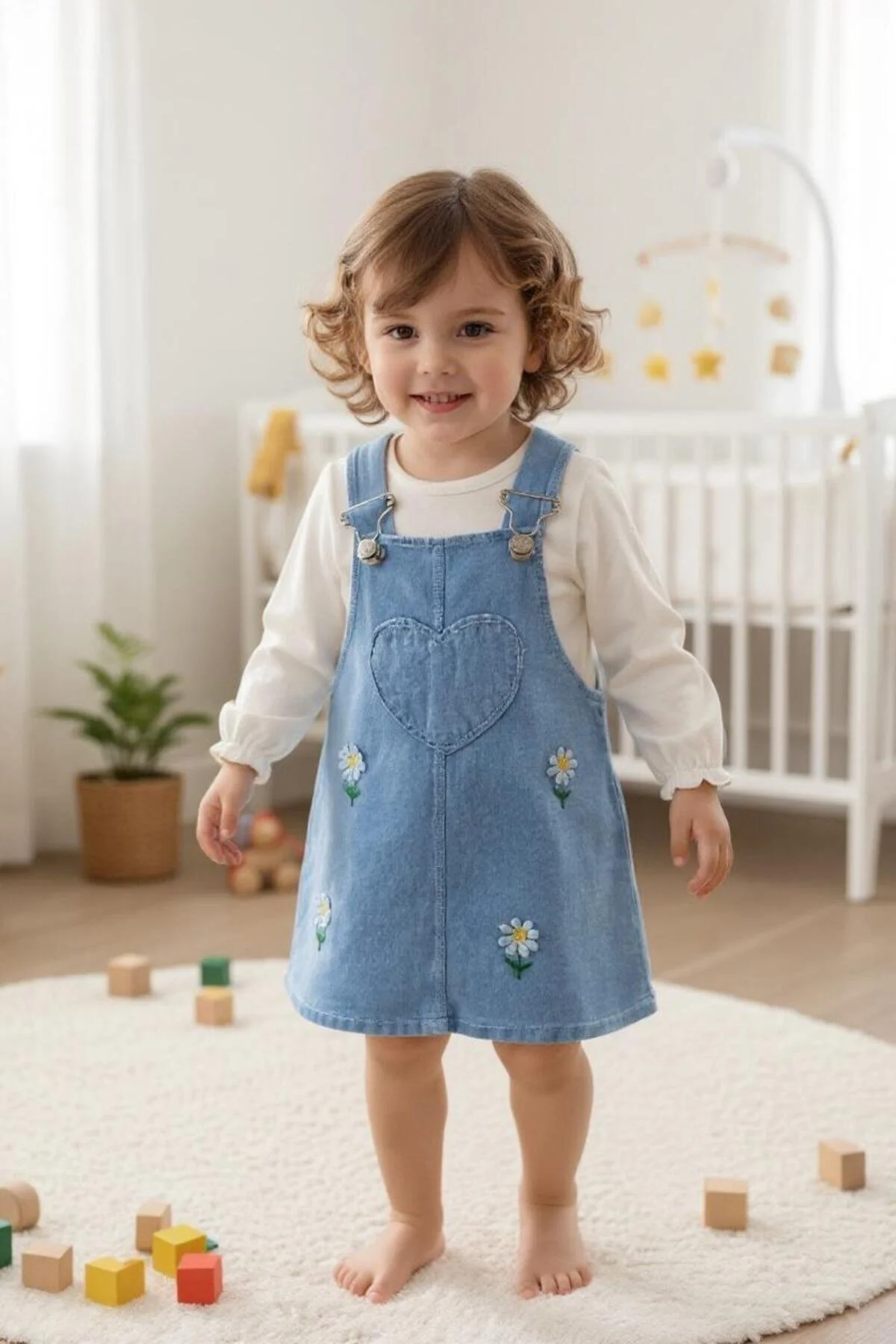 Altıntaş Baby Papatya Nakışlı Kalp Desenli Mevsimlik Örme Kot Kumaş Pamuklu 2li Salopet Set Mavi - Beyaz