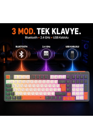 Lecoo GK104 3 Modlu Kablosuz RGB 104 Tuş Membran Türkçe Q Gaming Oyuncu Klavyesi