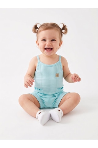 HelloBaby Pamuklu İp Askılı Cep Detaylı Kız Bebek Tulum Mavi