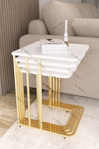Usta Mekan Orkide Tekerlekli 4 Lü Zigon Sehpa Gold- Parlak Beyaz Mdf Altın