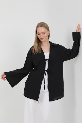 %100 Pamuk Keten Cepli Bağcıklı Kadın Kimono 1165 Gömlek Yaka, Nefes Alan Kumaş Siyah
