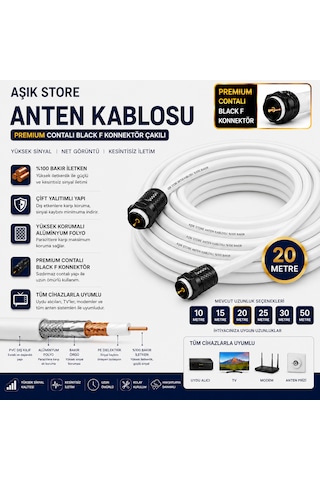 20 Metre Premium Anten Kablosu %100 Bakır İç İletken Contalı Black F Konnektör Çakılı Koaksiyel Tv Uydu Kablosu