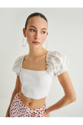 Koton Fisto Balon Kol Crop Bluz Beyaz 4sak30112ht Beyaz