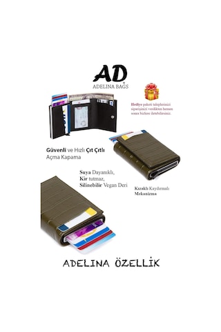 Adelina Bags Haki Timsah Desenli Mekanizmalı Otomatik Kızaklı Kartlık Cüzdan Haki