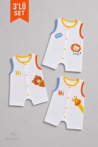 Babyden's Erkek Bebek Şortlu Tulum 3'lü Set % 100 Pamuklu Kolsuz Çıtçıtlı Yazlık Safari Baskılı Yenidoğan Bebek Tulumu Çok Renkli