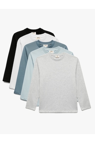 Koton Uzun Kollu Bisiklet Yaka Pamuklu 5'li Tişört Seti Mavi 6wkb10268tk Mavi