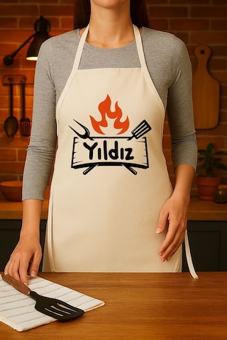 Kişiye Özel Karikatür İsimli Mutfak Önlüğü Steak Şef Model Krem