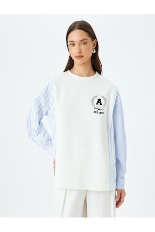 Koton İki Farklı Kumaş Kullanımlı Uzun Kollu Bisiklet Yaka Çizgili Sweatshirt Ekru 5wak10416ek Ekru