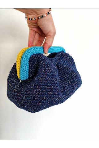 Parlak Tutmalı El Çantaları , El Yapımı Işıltılı Clutch, Örgü El Çantası Lacivert