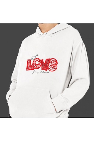 Kişiye Özel Love Temalı Sevgiliye Özel Cepli Kapşonlu Beyaz
