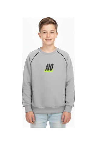 No Baskılı Kapşonsuz Rahat Erkek Çocuk Sweatshirt-90829 Gri