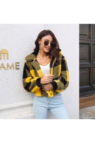 Sonbahar Ve Kış Kadın Ceketi Ceket Ekose Çift Taraflı Kadife Ceket Fener Kol Gevşek Uzun Kollu Kısa Ceket Sarı