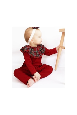 Kız Çocuk Kırmızı Ekose Yakalı Çıtçıt Detaylı Yılbaşı Tulum Salopet Tlm-0058 Kırmızı