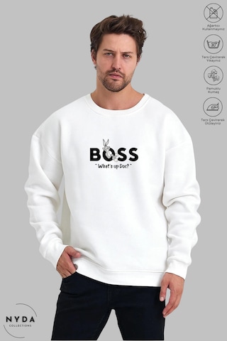 Unisex Bugs Bunny Baskılı Bisiklet Yaka Kapüşonsuz Şardonlu Oversize %100 Pamuk Penye Sweatshirt Beyaz