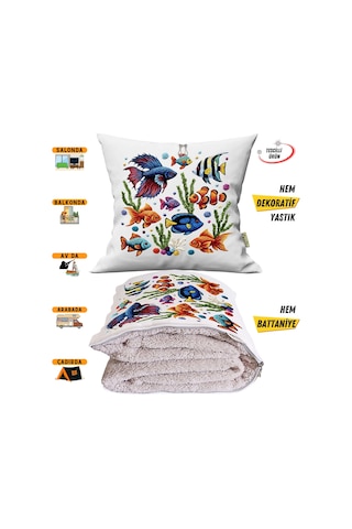 Nakışlı Punch Efektli Balıklar Baskılı Tv Battaniyesi Olabilen Dekoratif Yastık Kırlent Battaniye Çok Renkli